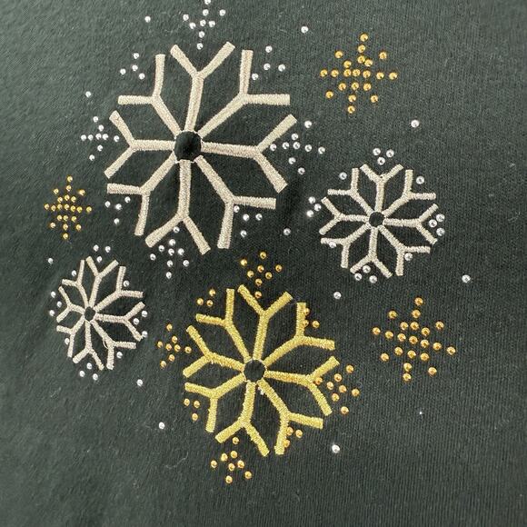 M&C Sportswear Christmas Top Size L Long Sleeve T Shirt Black Bling Snowflakes - Picture 4 of 8